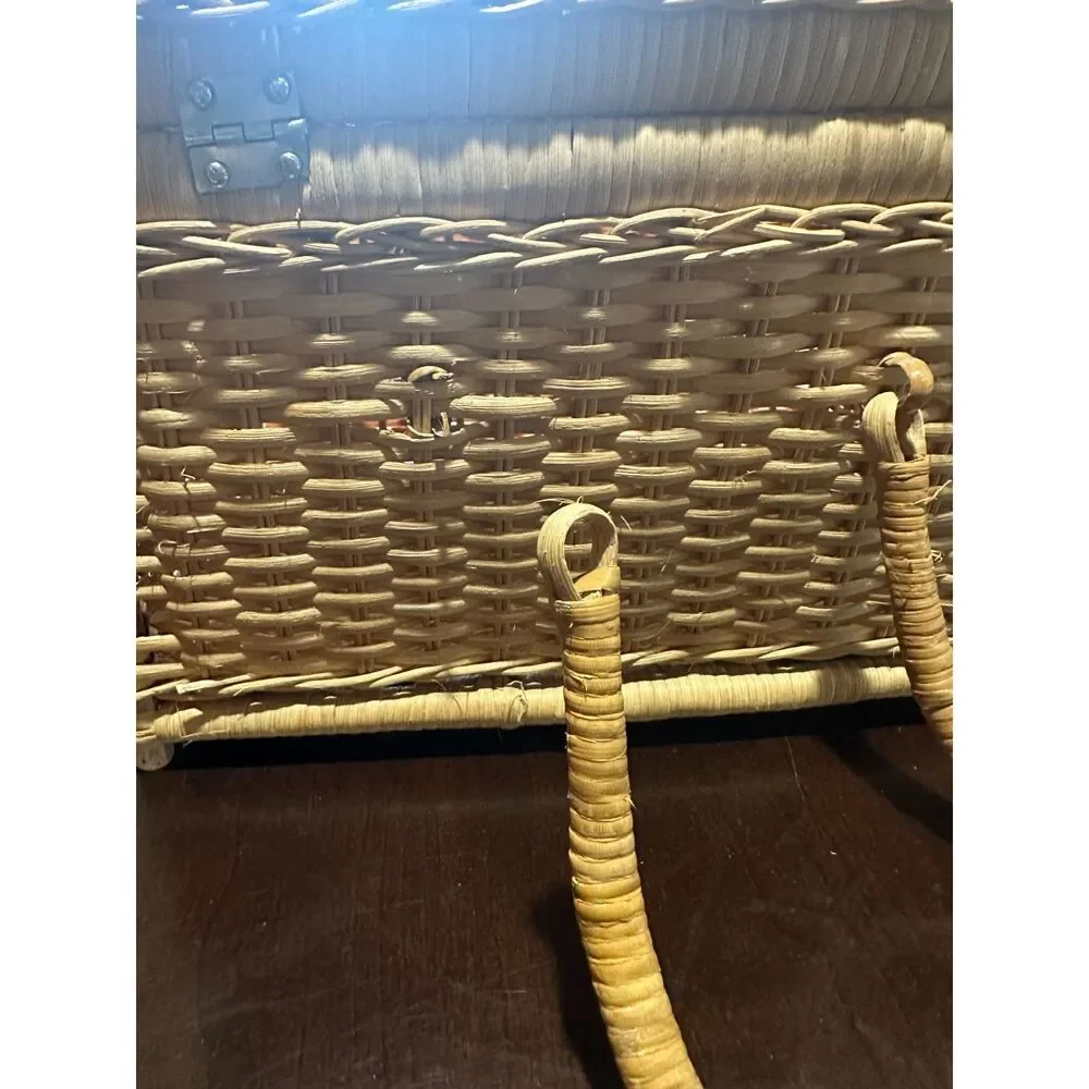 Vintage Woven Wicker Picnic Basket Large Domed Lid Storage Box Double Handles